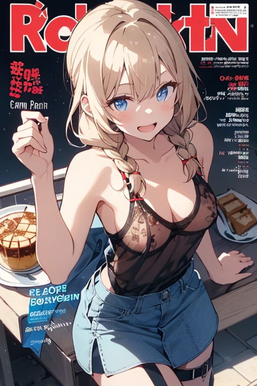 (small breasts:1.2), (perky chest:1.2), (pointed chest:1.2), (Pudding cake magazine cover:1.3),(from above:1.0),(fromside:0.9),masterpiece, 1girl, Amazing Cleavage:1.1, thin waist, optimum,tmasterpiece,hight resolution,best qualtiy,hyper HD,super detailing,awardwinning,16 K,solo,(The upper part of the body),anatomy correct,Beautiful cyberpunk girl,Cowboy Shot,cute face,a blond,Longhaire,Twin-tailed,Braids, Hairline,(scarlet eyes),long eyelasher,Hanging eye corners,White skin of the,shoot from the side, ((see through camisole:0.1)), ((Sheer nipples:1.0)),Rocket Tits,(Slim body),smile,seductive weak smiling,(with sparkling eyes and a contagious smile),open mouth, Looking at Viewer