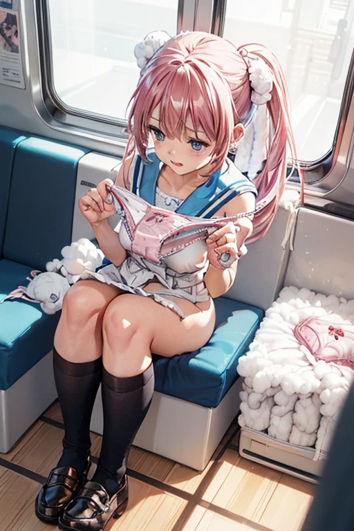 There is a woman sitting in a bus seat with her legs crossed, um desenho de anime por Jin Homura, trending on pixiv, arte de contexto, arte cg anime suave, menina bonita do anime high school, visual novel cg |, Hanayamata, Estilo anime misturado com Fujifilm, 3d menina anime, tokyo anime scene, anime moe artstyle, uma aluna hiperrealista,calcinha-tiro, tiro de calcinha, Calcinha