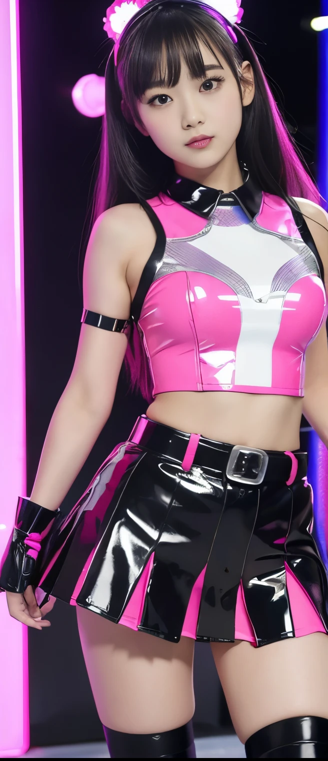 Tall Heroic Idol Girl、whole body、Good style、、、、、、、、Shiny pink tight shorts costume（Sleeveless）、、、Gorgeous blonde with pigtails、、cyber belt