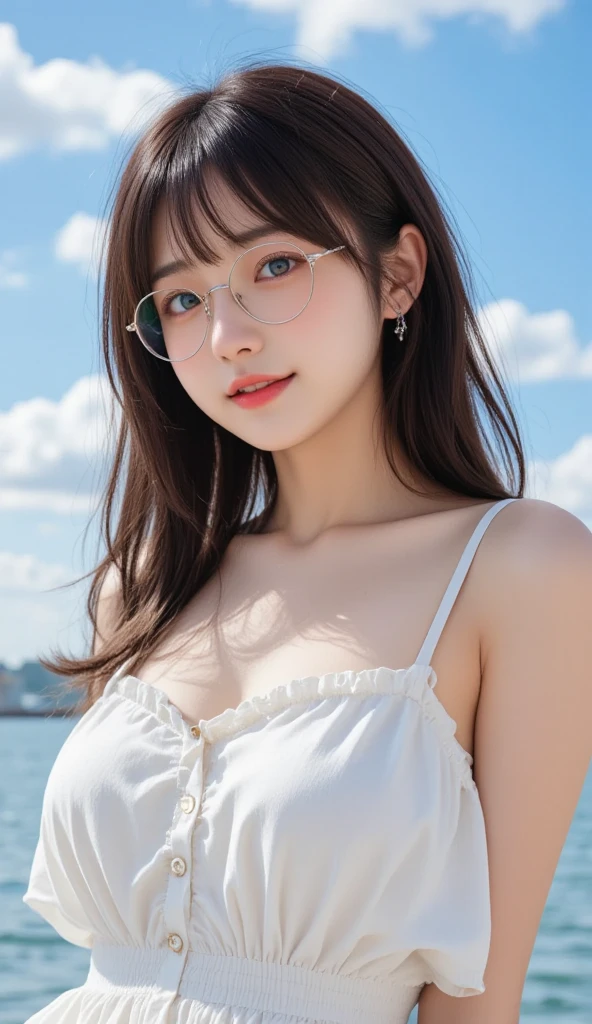 (Highest quality,masterpiece:1.3,Ultra-high resolution),((Wearing a lapis lazuli dress))、((Wearing glasses))、thin frame glasses、(Very detailed,Caustics,8k),(Realistic:1.4,RAW shooting),(night),(Night Sky),((Starry Sky)),((full moon)),(Beach),(Looking up at the full moon),Are standing,18-year-old,cute,((smile))Japanese,Long black hair,Strong winds,(Hair blowing in the wind),((Big and ample breasts:1.2)),Natural light,moonlight,(Side Shot),((Breast enlargement)) 