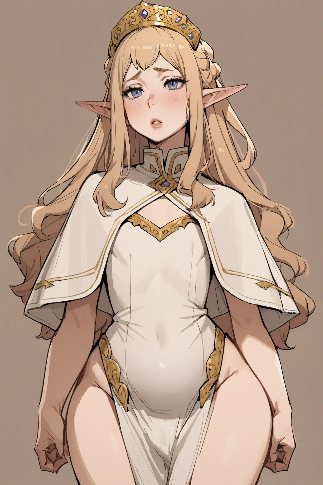 1 boy, beige hair, long hair, wavy hair, gold tiara, elf ears, voluptuous, flat chest, white dress, white capelet, golden details, simple background, bulge, full lips
