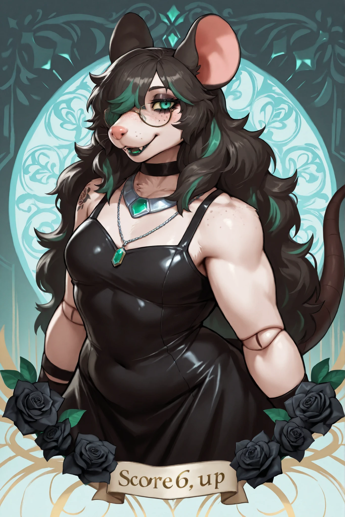 score_9, score_8_up, score_7_up, score_6_up, score_5_up, score_4_up, source_cartoon, rating_safe, by dayo34, 1girl, beauty mark above right eye, large eyelashes, portrait, torso shot, shoulder length hair, hair over left eye, (Mature Voluptuous male furry rat), (Long raven black big curly hair), (Green streaks in hair), (green eyes), (black choker), (black leather bracelets), (Black Rose Tattoo on right shoulder), (Silver necklace with a green jade trinket), (freckles on face), (freckles on shoulder), (Dark Grey lipstick), (rat ears), (black ears, pink inside), (chipped right ear), (white sclera), (rat nose), (rat tail), (anatomically correct rat whiskers), (goth makeup), (plump kissable cupid lips), (half open tired eyes), (glasses), 8k, Persona Art Style, perfect detailed face, Fit upper body, Fit muscular arms, detailed muscles, Tomboy muscle build, detailed eyes, perfect detailed hands, accurate detailed doll joints, detailed thigh doll joints, detailed doll joints, detailed doll neck joint, detailed lips, 80's comics, cute, 80'sアニメーション、score_9, score_8_up, score_7_up, (One) elegant, cute rat-like facial features, anthro, anthropomorphic face, fierce eyes, flat chested, perfect portrait, sharp rat claws, green and black nail polish, artistic style, happy, freckles peppered over body, fangs showing, long flowing elegant goth silk dress, tight hugging dress, dancing elegantly, Ballroom background, black ears, pink inside ear, highly detailed art style, Large areoles, Puffy Nipples, peach cream colored fur, breasts so perfect they attract the eye, posing elegantly, full body shot, rat feet, view from behind, shot from under, beauty mark on upper eyelid of left eye, detailed eyes, butt in Viewer's face, femboy
