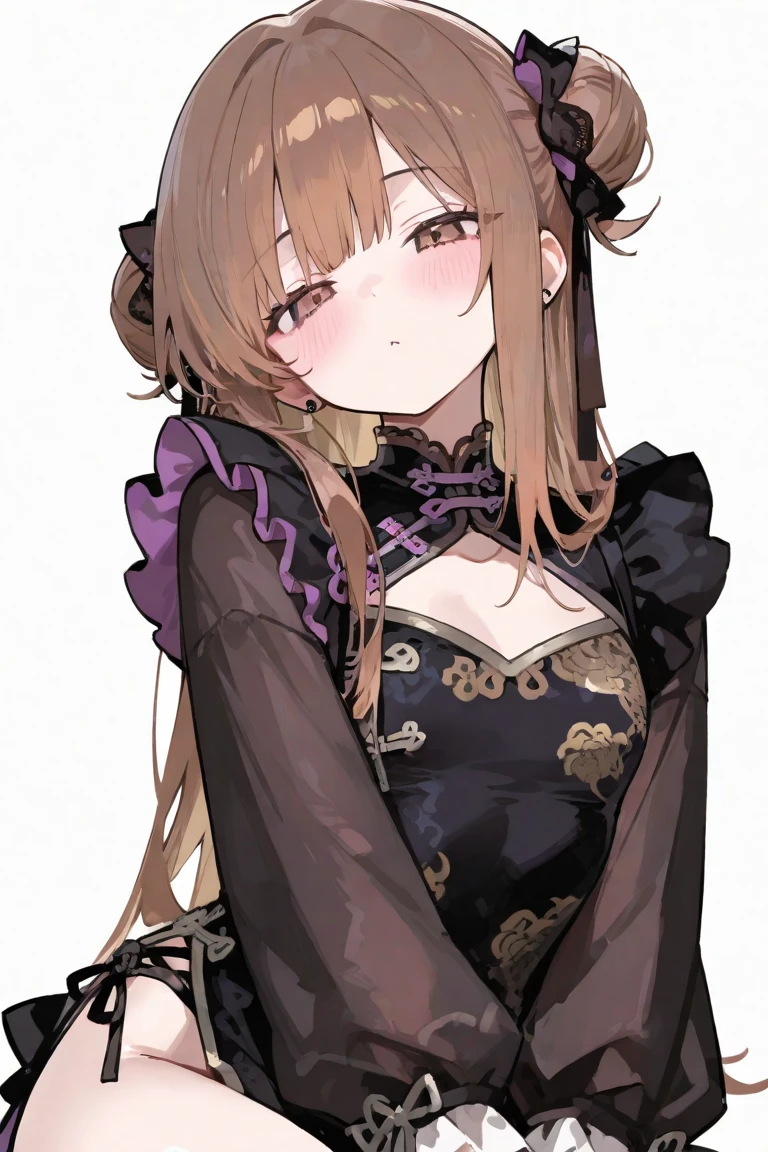 Absurd, High resolution, (Anime Style:1.1), ((Tabletop)), ((highest quality)), (Very detailed), (beautiful),beautiful face、(lift),length、アジイチGothタイル,Big eyes, Dense lines, Mixed Pattern,cute,1. Goth, Extending the pattern、Brown Hair、Purple Inner Color Hair、cute Ribbon、Black underwear、Purple eyes、Simple Background、Background gray、(((((One Girl、Purple Mining Suit、cute dress、Black lace underwear、Big Breasts、Underwear with visible cleavage))))(体On top of that部、(((((One Girl )))))、((((On top of that、Youngest son))))、、{{{{{体On top of that部}}}}}{{{{{{{{{{体On top of that部}}}}}}}}}}{{{magic}}}, ({{{{{Simple Background、Fluffy hair}}}}})Medium format film camera, Natural blur background,