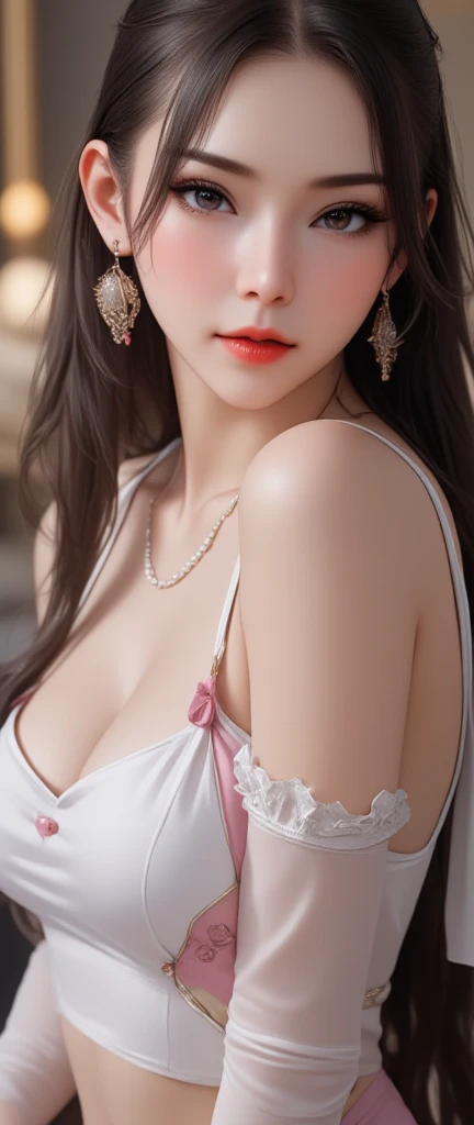 best quality, masterpiece, highres, 1girl, lingerie china dress, hair ornament, necklace, jewelry, Beautiful face, upon_body, tyndall effect, photorealistic, dark studio, rim lighting, two tone lighting, (high detailed skin:1.2), 8k uhd, dslr, soft lighting, high quality, volumetric lighting, candid, Photograph, high resolution, 4k, 8k, Bokeh, medium breasts, light pink lips, braless,