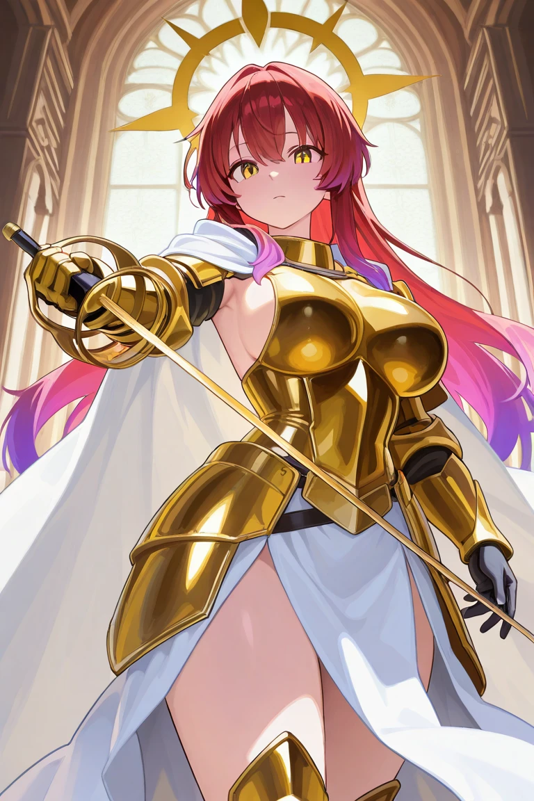 Gold Armor, 4K image, rallies, best quality, masterpiece, movie lighting ,Sexy,Large Breasts,Cleavage,action,In battle,cleavage,noble,Light beams from hands,Golden lightning all around,red hair,ponytail hairstyle,Saint Seiya Capricorn,Close eyes,lipstick,Smile,calm,The sky is shattered