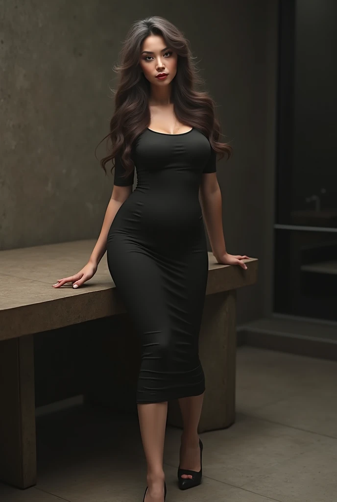  Sexy pregnant woman, cleavage, revealing sexy tight black dress, brown hair, ponytail 