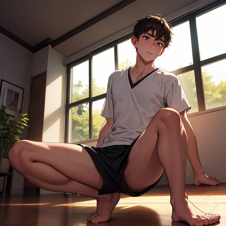 Boy in underpants showing his feet on the table