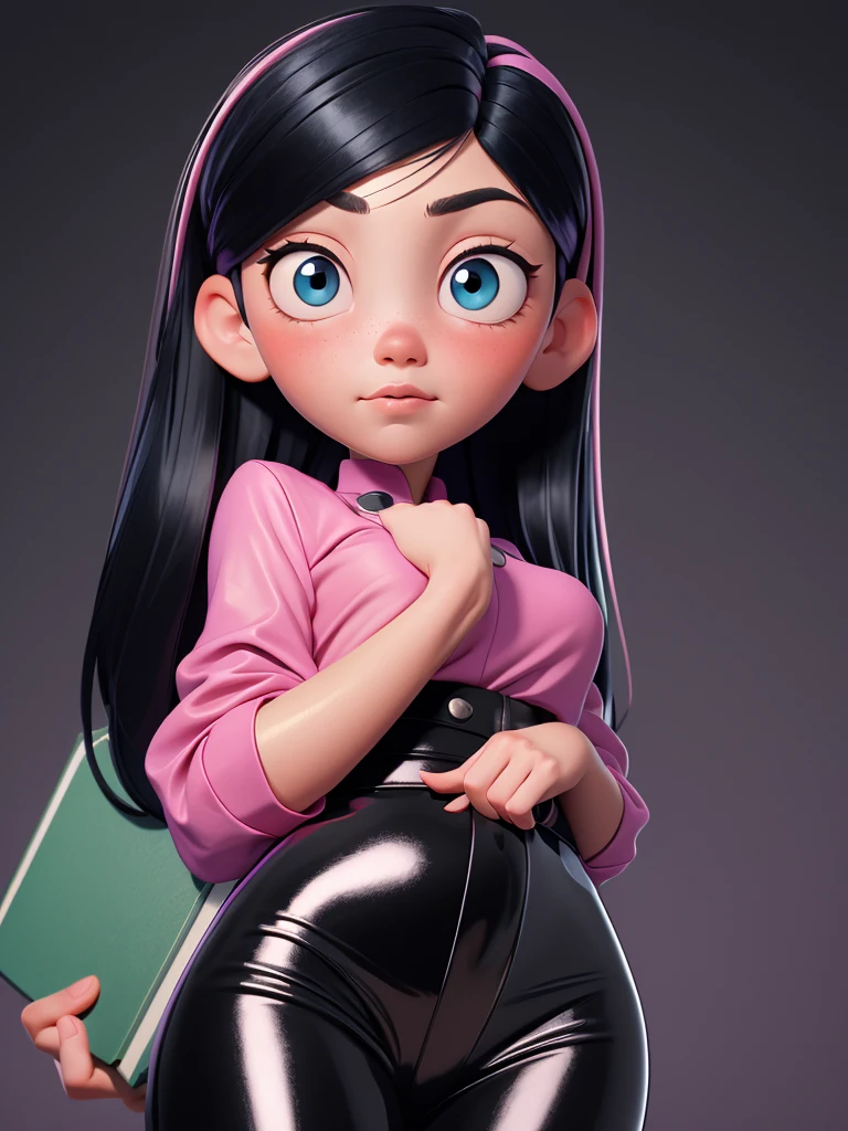 (Best Quality:1.4),(piel bright), body focus, (cute face), (((Best Quality))), illustration, ((beautiful Finger)), , beautiful body, beautiful character design, ,perfect lighting, showy, bright_Forehead_face_Turning on, ultra high resolution, High resolution, absurdities:1.2, bokeh:1.2, Lens flare, (Vibrant_Color:1.2), (beautiful, medium breasts:1.2), (Muslos thicks:1.1), thick, 
holding a green folder or book, small nose, long black hair with pink hair clip, address shirt, looking sideways, pink blush on the cheeks., big blue eyes, White left eye with visible black pupil., Vaginal line marked on clothing ( camel toe)