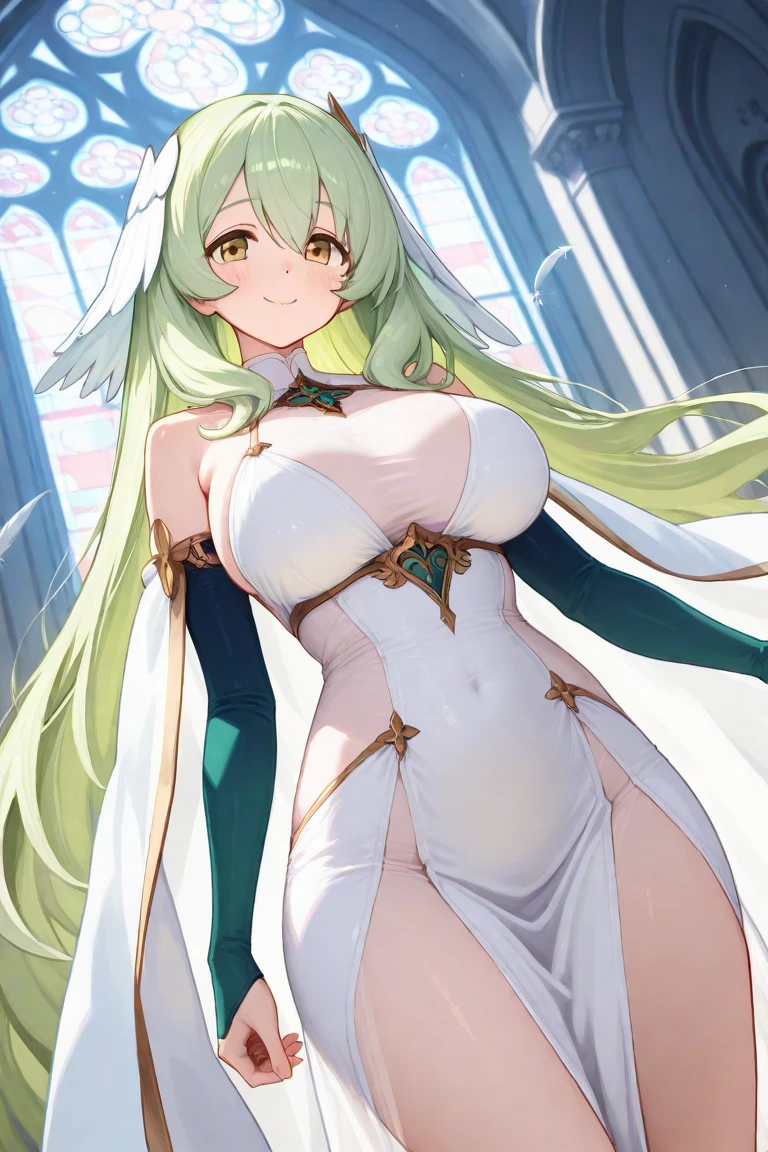 (girl1), (anime), white, with long green hair, an 18 year old woman, with white stockings and a sexy dress, wearing a heroine costume consisting of a white sleeveless swimsuit, white spiked gloves and metal plates on her waist and feet, look at the size of her breasts, they are size AA+