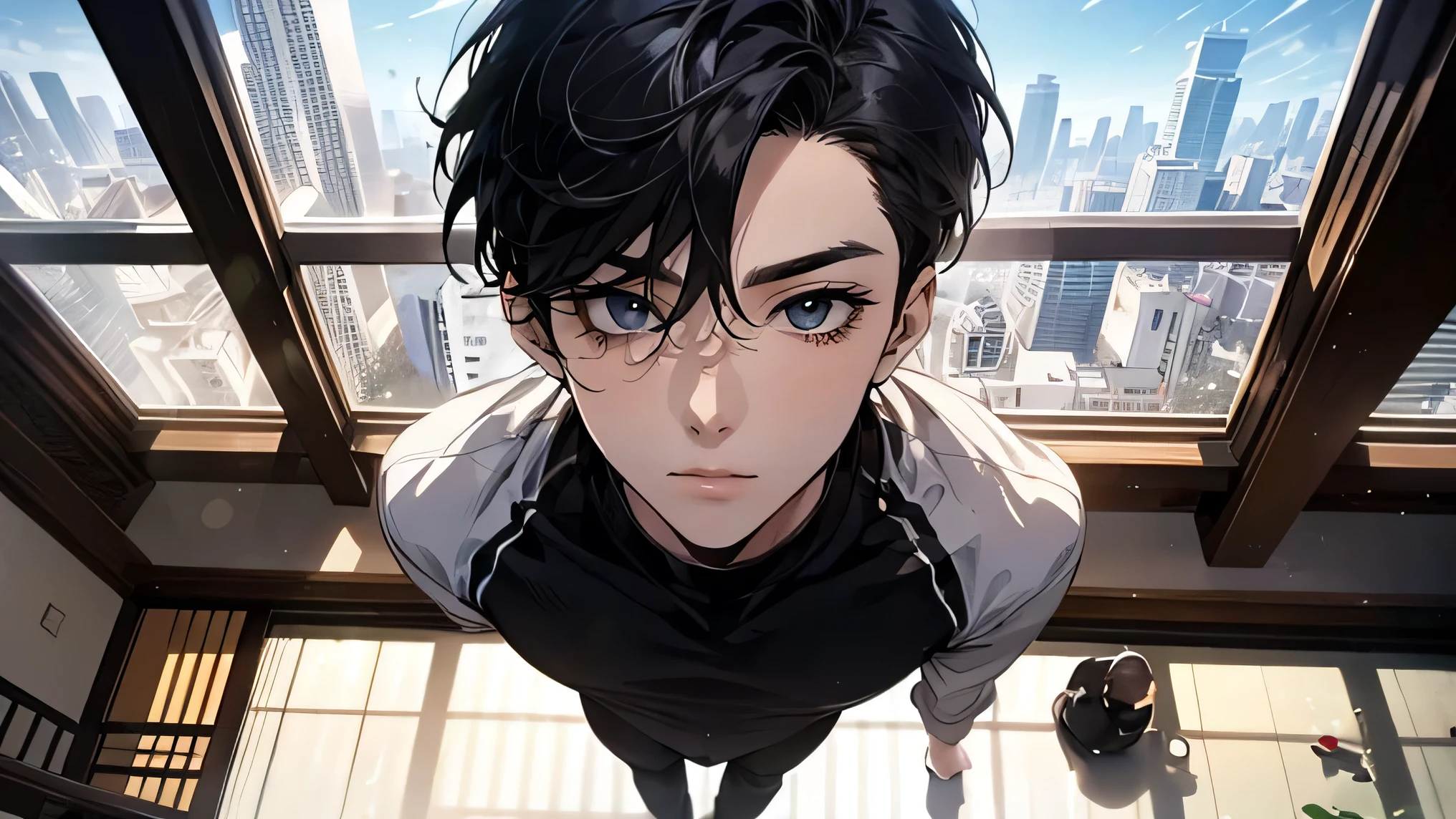 Japanese male handsome very short black hair tight long sleeves Light Colored Tight Long Pants I can see the blue sky large room with glass floors and ceilings private gym Composition with a very big face From the shoulders up and look at the camera Future City very short black hair True Face sexy face Face up more