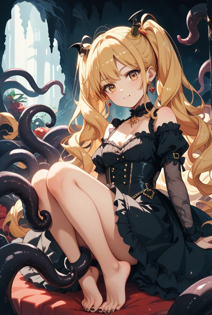 masterpiece, best quality, high definition images, atmospheric perspective, expressive eyes, perfect face, ultra detailed, solo, 1mature seductive woman laying down, female knight, looking panic, blond long hair, hair ribbon, armour, cleavage, miniskirt, flip-up skirt, panties, thighs, over knee socks, high boots, serious expression, from below, lots of tentacles swarming,