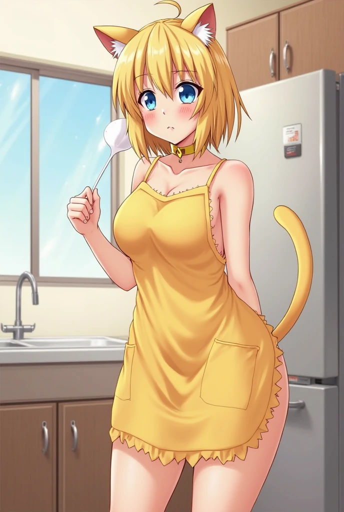 blonde hair, tanned skin, masterpiece, perfect generation, very high resolution, perfect face, magnificent body, round breasts, hot girl with cat ears and tail wearing a tiny white apron