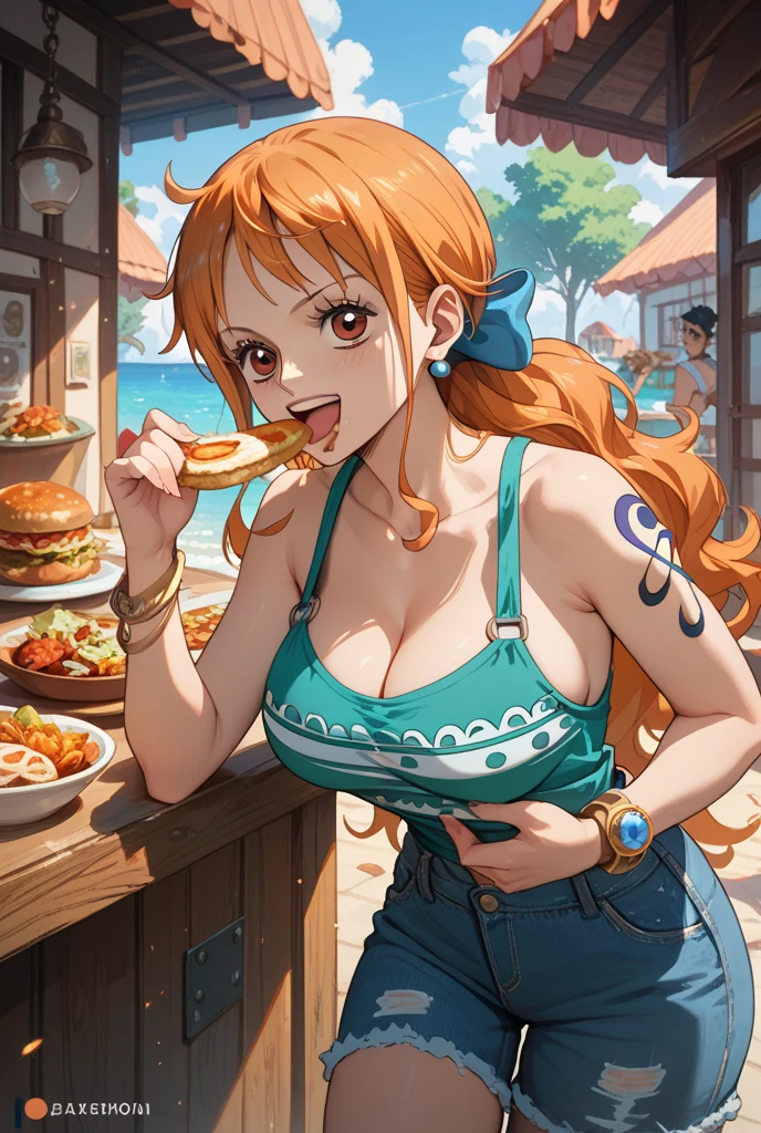 nami ,one piece, comiendo ramen con palillos, sentada bajo un arbol de cerezo