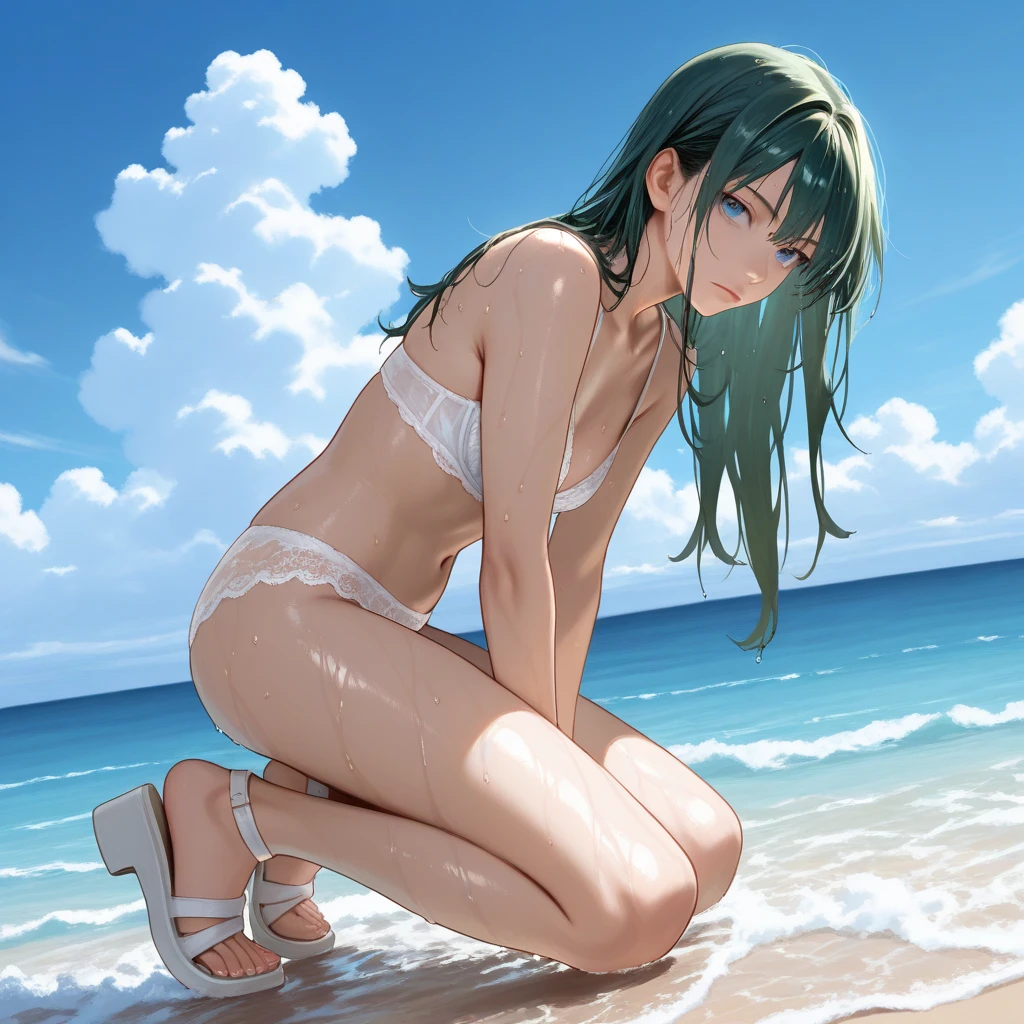 Create an image of lying naked on a beach in the ocean