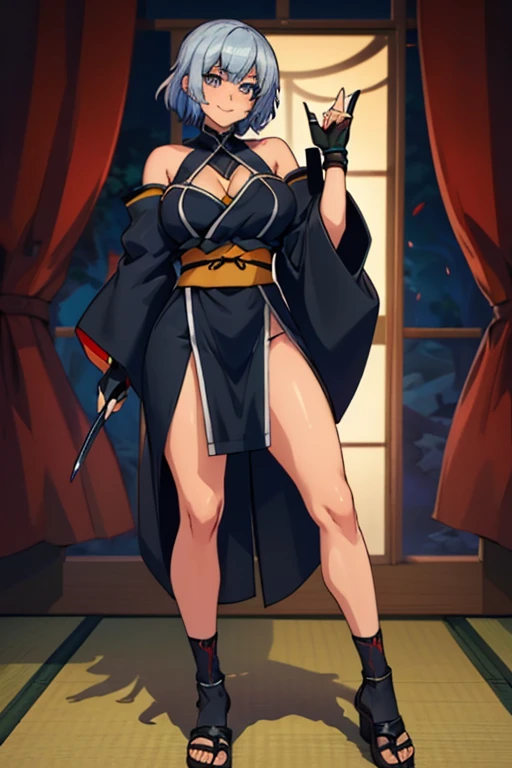 1girl, solo, An pretty woman, female assassin, goth ninja, long wavy purple hair, purple eyes, intricate face details, detailed face, large breasts, wide hip, (Wearing: Black ninja mask, leather leotard, long fingerless gloves, belt, long boots), holding a katana blade, full body, she's looking directly at the camera with a (fierce, dangerous, seductive) gaze. (Background: outdoors, forest, Japanese architecture in the surrounding, night time). The 4k textures showcases the utmost level of detail, while the cinematic lighting adds depth and mystery to the scene. Holding traditional samurai katana sword. Her gaze is both alluring and fierce, as she holds the sword with a delicate yet deadly grip.