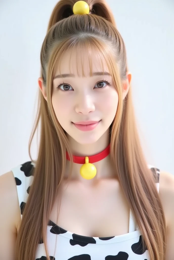 top-quality、超A high resolution、(Photorealsitic:1.4)、1 girl、White and yellow idol costumes、Choker with white ribbon、(yellow-green hair:1)、Bun hair tied in two upper buns、a closeup、8k、a beautiful detailed girl