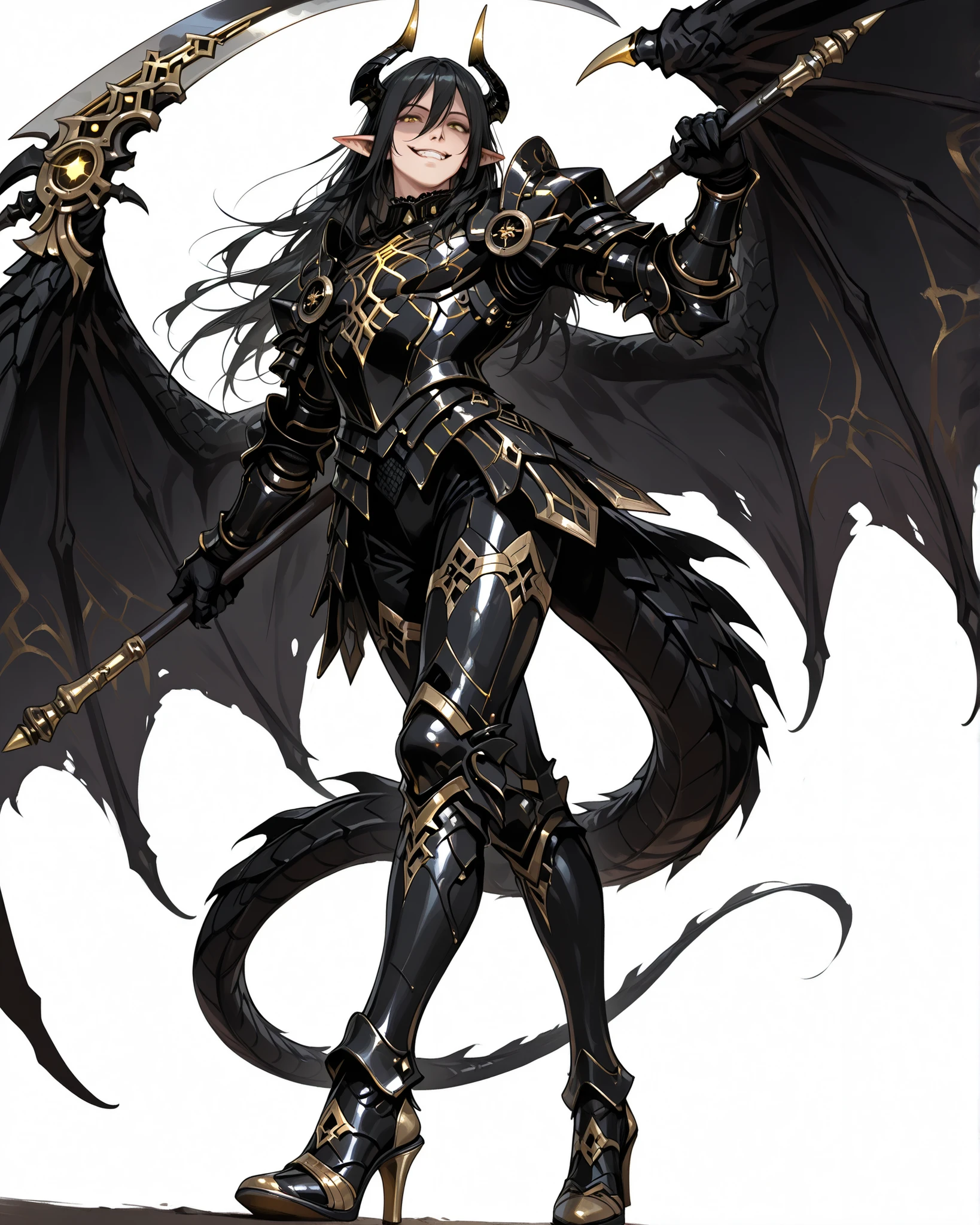 absurdres, (masterpiece, best quality: 1. 5), highres, 8K wallpaper, CG, (((Anime))), (1 male), solo, lean body, (masculine), (floating in the air), weredragon, japanese anime style, glossy black, shiny black leather, ((beautiful golden eyes, finely detailed eyes, bright eyes, vertical iris)), hair between eyes, black hair, long hair, sideburns, wild hair, unkempt hair, (sly grin, smirk, evil smile), teeth, confident, ((ultra detailed face)), shiny skin, long pointy ears, twisted torso, long-legged, sculpted face, wasp waist, dragon horn, dragon tail, dragon wings, dragon sharp claws, (black armor with a lot of grandiose decorations), half dragon half human, dramatic angle, dynamic posture, (holding giant scythe on shoulder), ultra detailed black armor, black armor with gold accent, all black outfit, full body, emphasize face, focused expression, sharp focus, good-looking man, well-polished black armor, charismatic pose, (best illustration), cinematic, dramatic lighting, (intricate detail, super detail, extreme detailed, super detailed: 1. 5), (highly detailed artwork), dramatic shadows, tenebrism, chiaroscuro, wonderful pose, chiseled features, stark contrast, heavy shadows, detailed black decorations, beautiful and aesthetic, photoreal, from below, (mysteriously crafted black metal armor: 1. 5), sparkling accessories, thick and luxuriant hair, ultra detailed fantasy black armor, dressed in black, broad shoulder, true-to-life visuals, artistically refined, dramatic contrasts, ((extremely delicate and beautiful armor, elaborate armor details)), (dark armor, stylized armor), exquisite goldwork, wonderful black armor, armor with intricate engravings, ((armor-type high heels)), ((detailed shoulder armor with intricate engravings, gold accent black armor)), (128K Ultra High Resolution), very gorgeous and dazzling, dark fantasy black knight, slim waistlines, wide chested, sinewy body, simple white background, (((Hyper Detailed & Perfectly Designed Black Armor)))