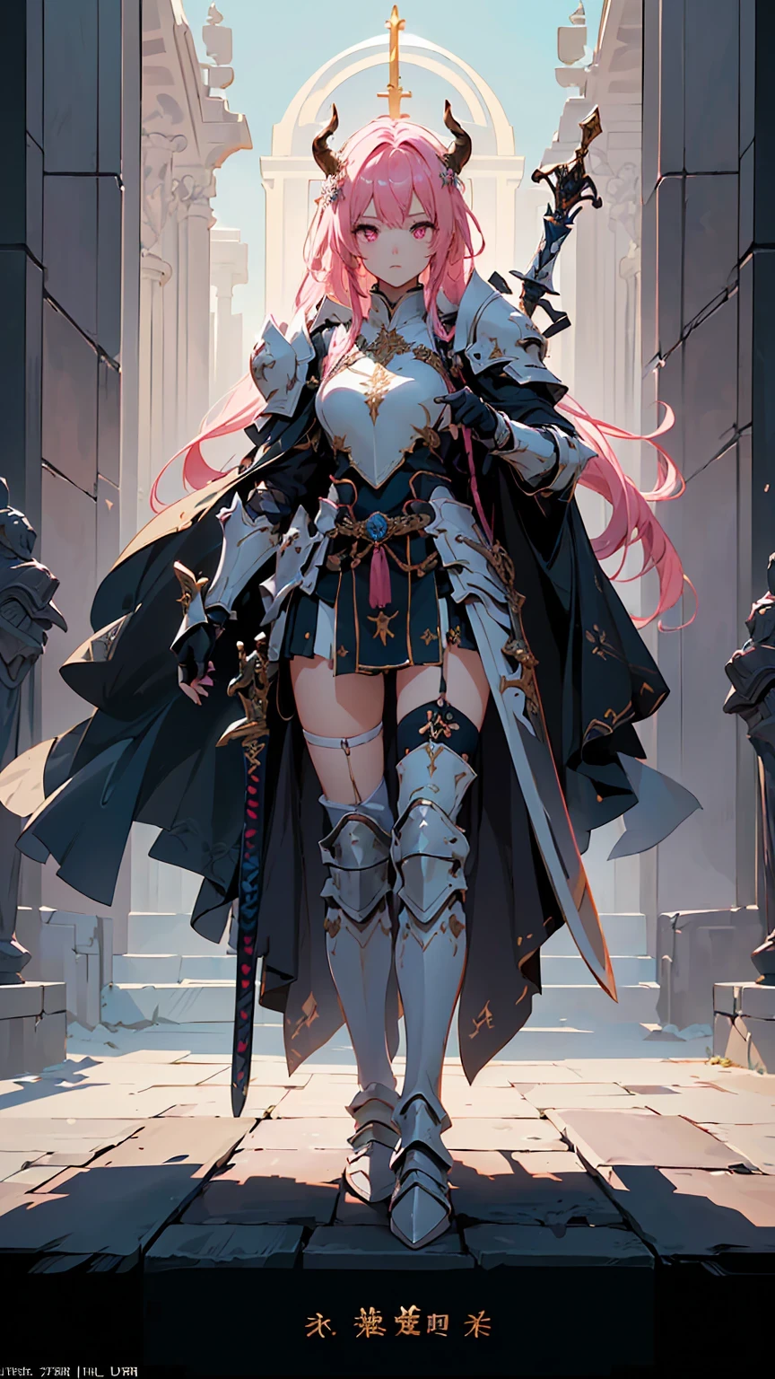 Congregation,Joan of Arc,Long flowing pink hair,head ornaments,Big breasts,Neck gemstone jewelry,Breast Binding,mini lace skirt,Steel armor gloves,Steel armor long high heels,.best quality,masterpiece,Ultra-high resolution(2:0),special magic sword,The sword is long and sharp,The sword has magic runes attached to it,