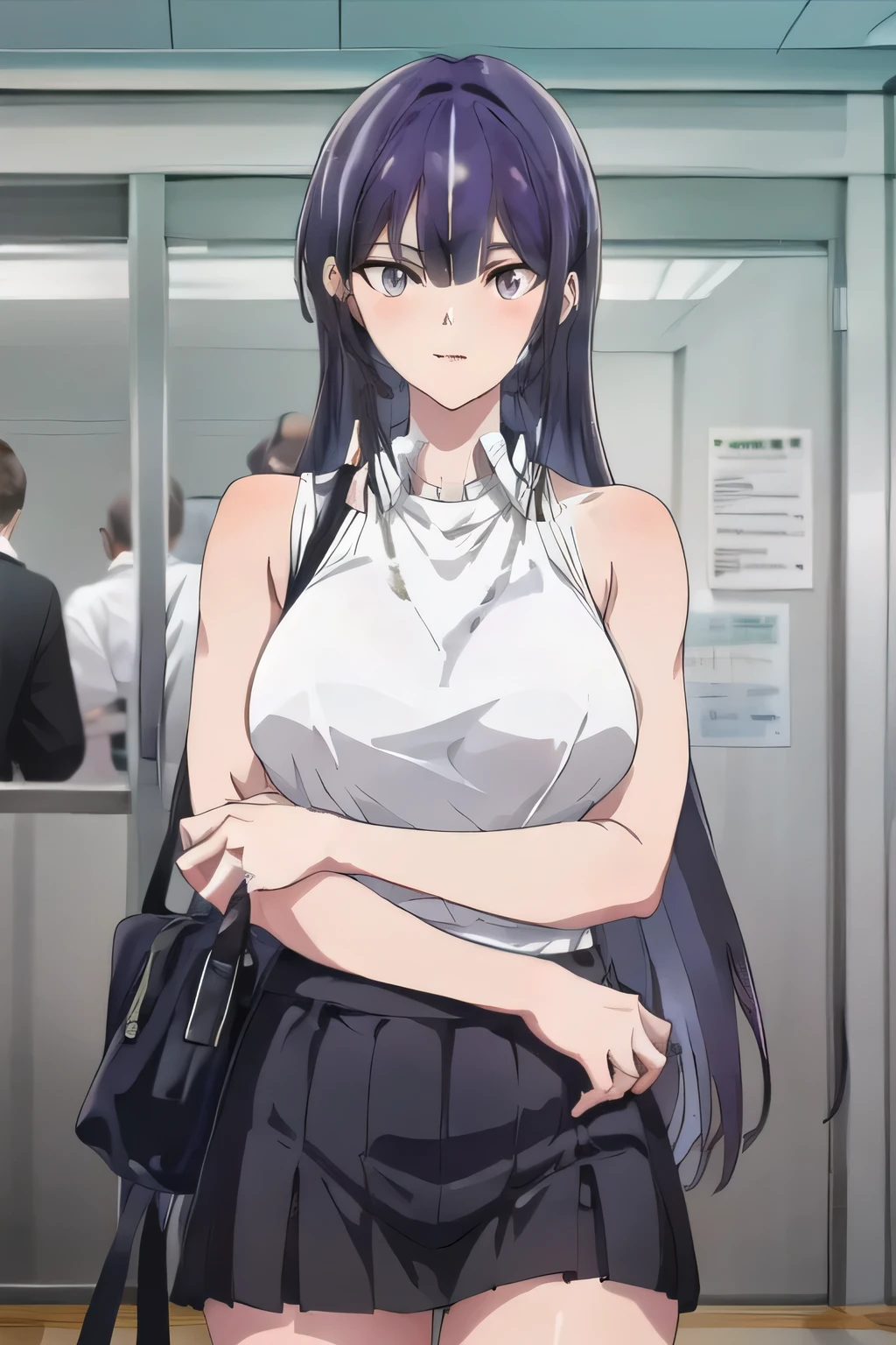 (Couple:1.5), A woman (1girl:1.5) with large breasts, lont dark purple hair and purple eyes wearing a very long and tight dress who desperately needs to pee (desperation:1.5), being pushed to her absolute limit until she can't hold it anymore until she pisses her pants (wetting herself:1.5), and a man (1boy:1.5) who also desperately needs to pee. Both the woman and than are each holding their crotch. There is a very tense and competitive atmosphere as they are having a contest to see who can hold their pee the longest.. The man does not wet himself.