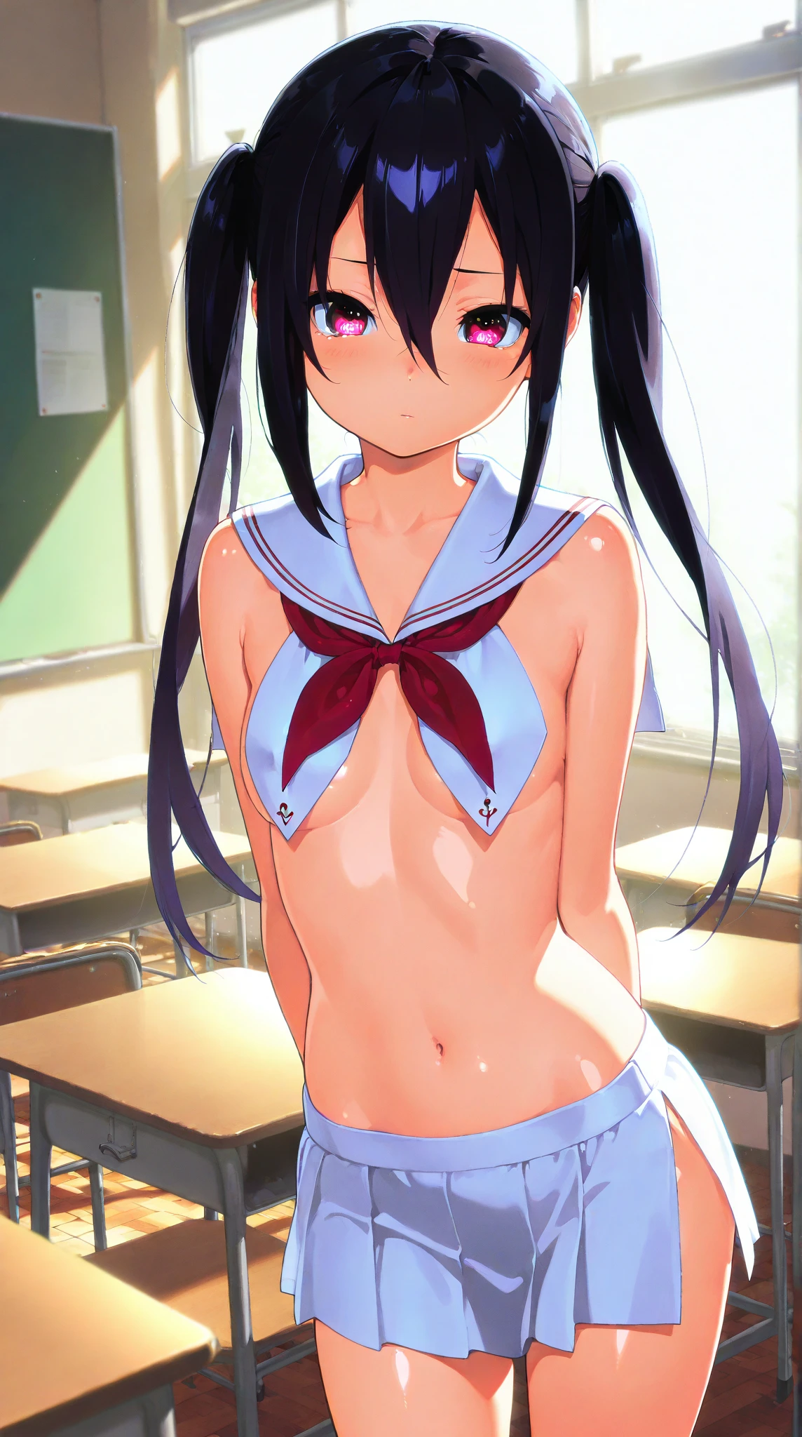 Highest quality,masterpiece, Highest Resolution, nsfw, Sailor uniform, 1 girl, topless, huge breasts,pink nipple, belly button,outdoor, blush, standing, horse ears, horse tail