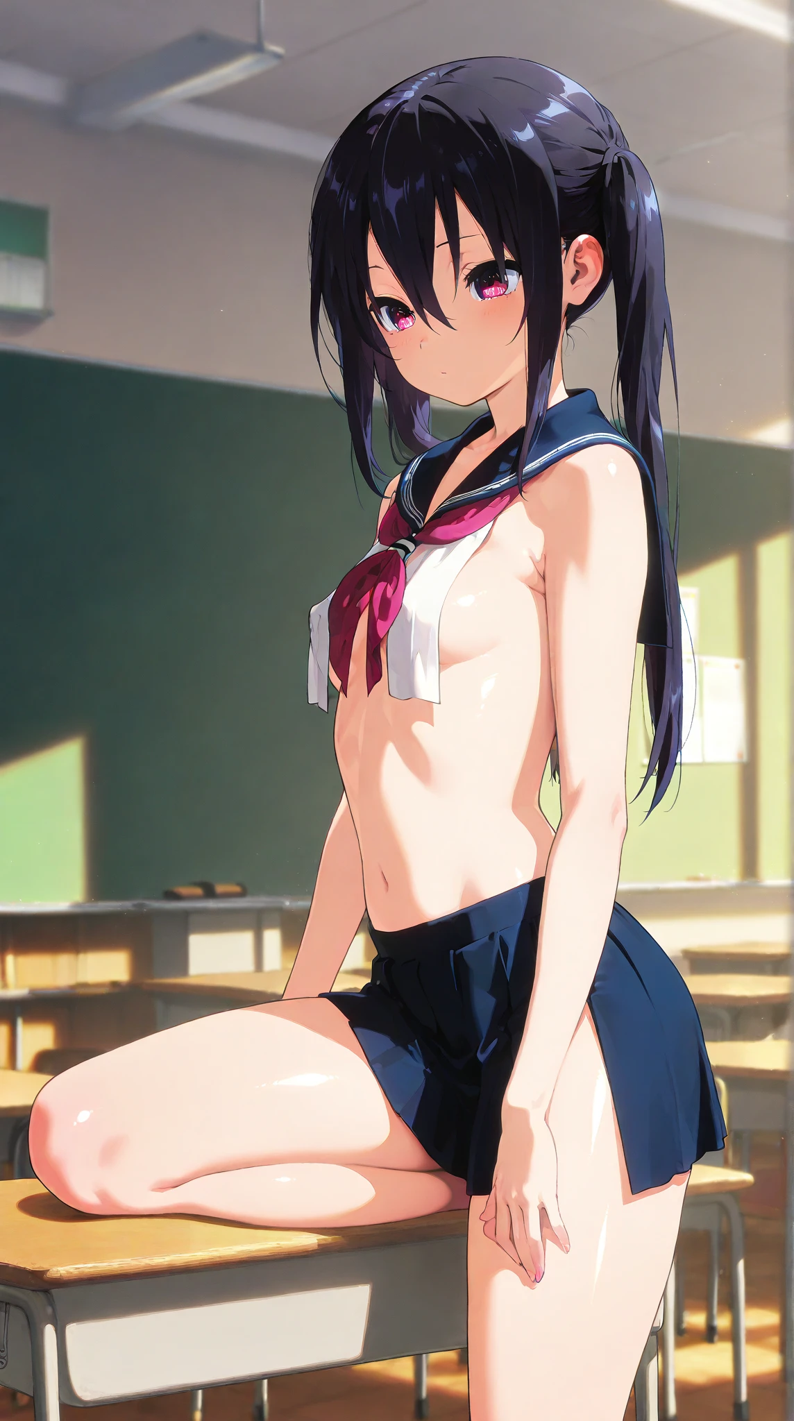 score_9,score_8_up,score_7_up,source_anime,cowboy shot,Idealized Forms,Natural Light,details background,blurry background,extremely detailed,1girl,(nsfw:1.2), ultra detailed, super fine illustration, 1 hatsushimo(kancolle),brown eyes,(left(white)right(blue))headband,(black)long hair,(low-tied)hair,(black)hair,small breasts,(petite),(completely nude),on stage, audience, idol custom,pussy,love juice,blush