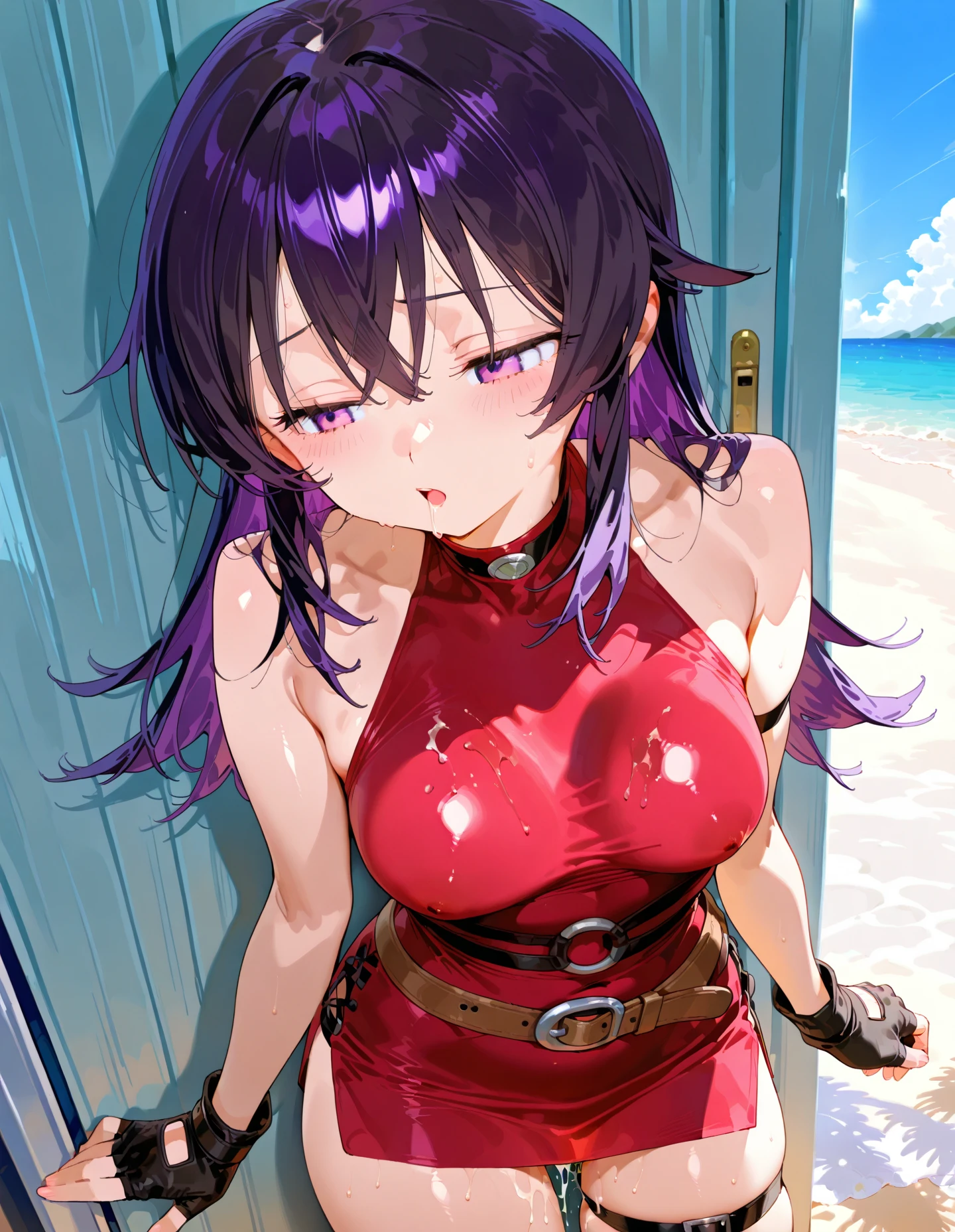 NSFW,masterpiece,Highest quality,High resolution,Very detailed,Helena Blavatsky\(Fate/grandorder\)、Purple Hair、short hair、(Purple eyes:1.1),(High-quality swimwear),High leg,Small breasts,beach,Palm tree,Rock Shade,(Ecstasy face),(Lustful face),Melted face,Embarrassed,blush,(Young men),,(Have sex),Are standing,Spread your legs