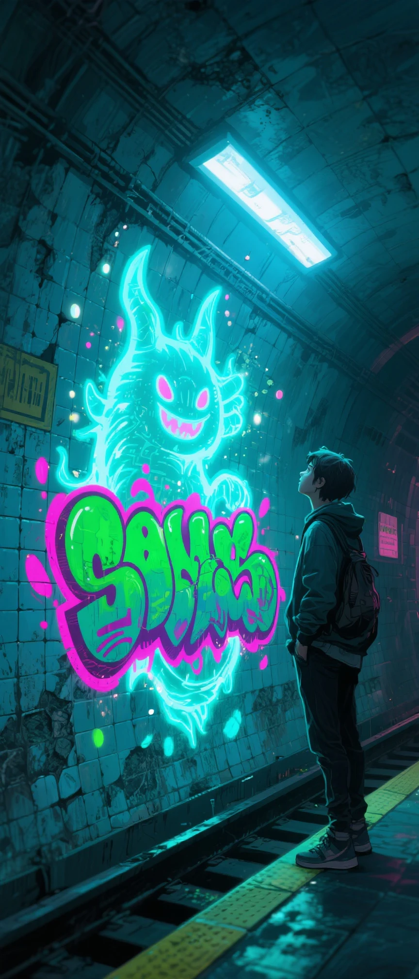 Create a Y2K-inspired logo that combines graffiti art with characters similar to Bendy and the Ink Machine. The design should feature purple, black, and white colors, with characters that are cartoonish and slightly spooky. Use a bold, futuristic font for the text, and incorporate urban textures and spray paint effects to enhance the graffiti and Y2K aesthetic.
