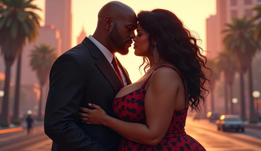  a mature narcissist indian pale color man with a beard , dressed in a suit, standing behind a woman who is wearing a saree and blouse, medium obese  and looks sexy .The woman leans on his chest and hugging him while the man, with a mature and confident expression, gently embraces her from behind. The man’s appearance is distinctly mature, avoiding any childish or boyish traits. The scene captures an intimate, warm moment with soft lighting and pastel tones. The background is softly blurred, emphasizing the cozy and romantic atmosphere with a realistic . The man should have fully buzz  cut short hair . 