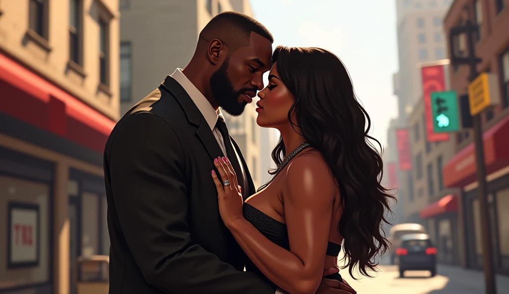 1boy, 1girl, black_hair, earrings, dark_skin, jewelry, facial_hair, beard, realistic, dress, tank_top, long_hair, window, animal_print, hetero, very_white_skin