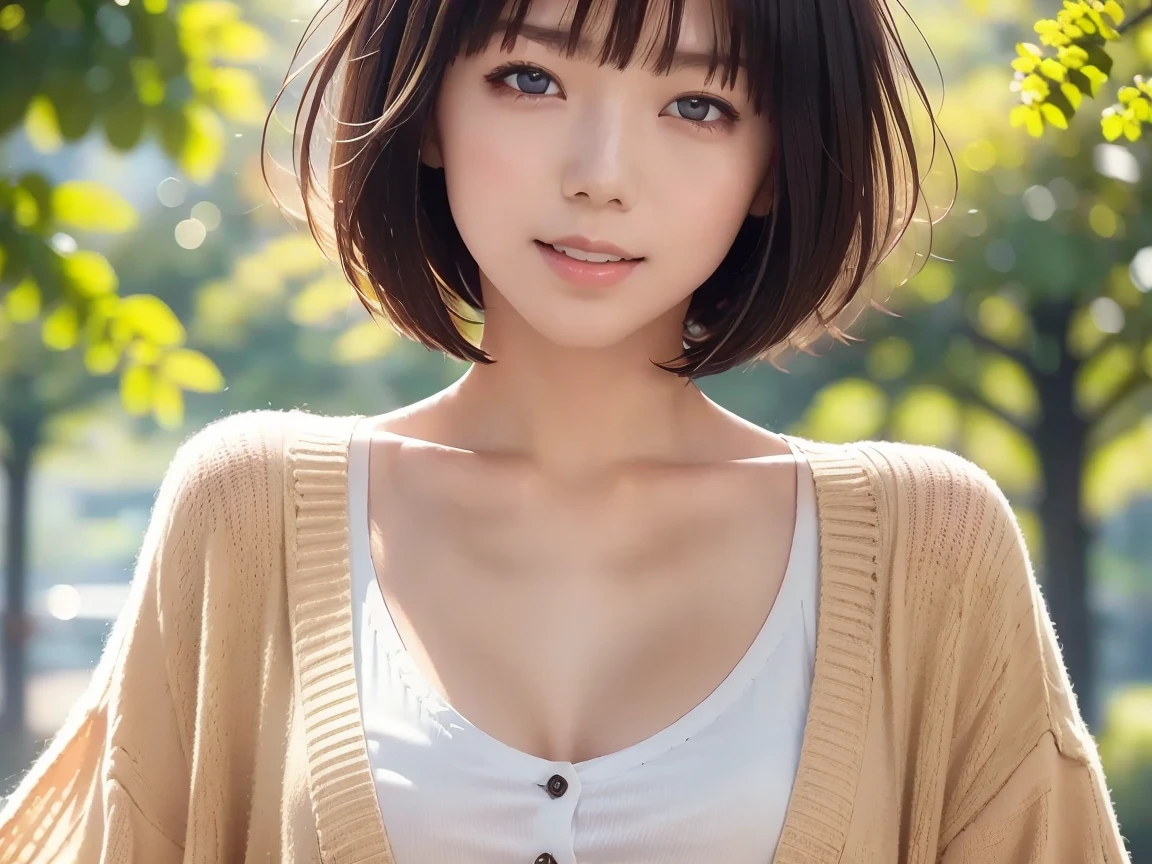 masterpiece, Best Quality, 8K, 20 yo, Large breast, cuddly, Solo, sad, Cute, Girly, Delicate girl, Neat and clean beauty,  Raw photo, Professional Photography, Portrait, Soft light, Professional Lighting, Back lighting, Upper body, Looking away, Sophisticated, Film grain, (Eyes and faces with detailed:1.0), short length floating hair, beautiful flowing hair, bangs, T-shirt and cardigan