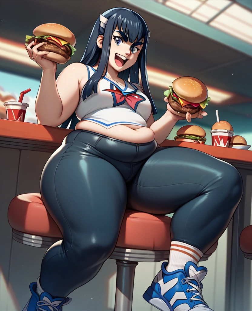 cowboy shot, solo, 1girl, ffwendys, smirk, looking at viewer, holding food, holding hamburger, twin braids, striped dress, striped sleeves, puffy sleeves, striped thighhighs, masterpiece, best quality, rating: general, newest