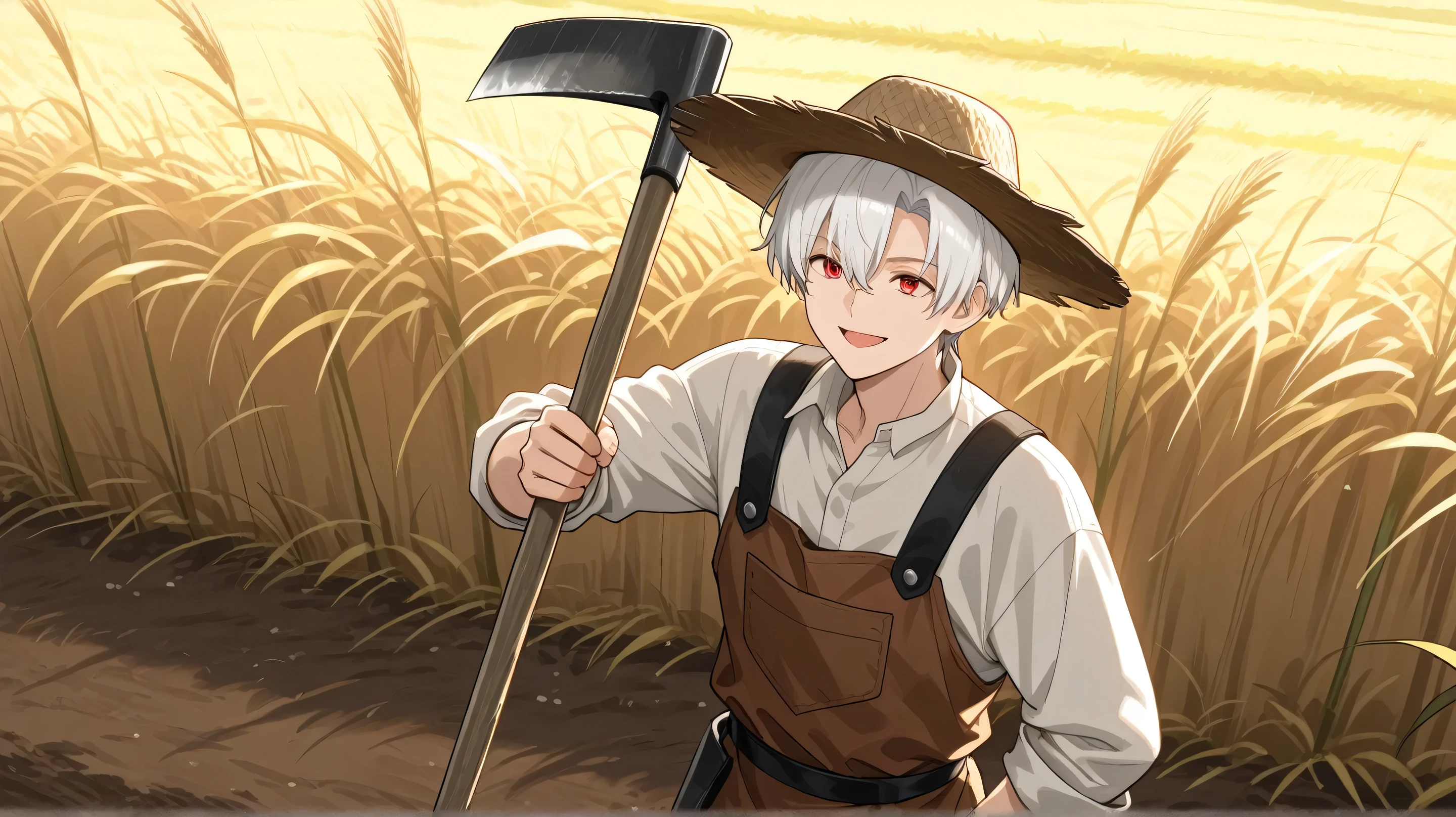 men white short hair,red eyes, farmer's clothes happy face have hoe