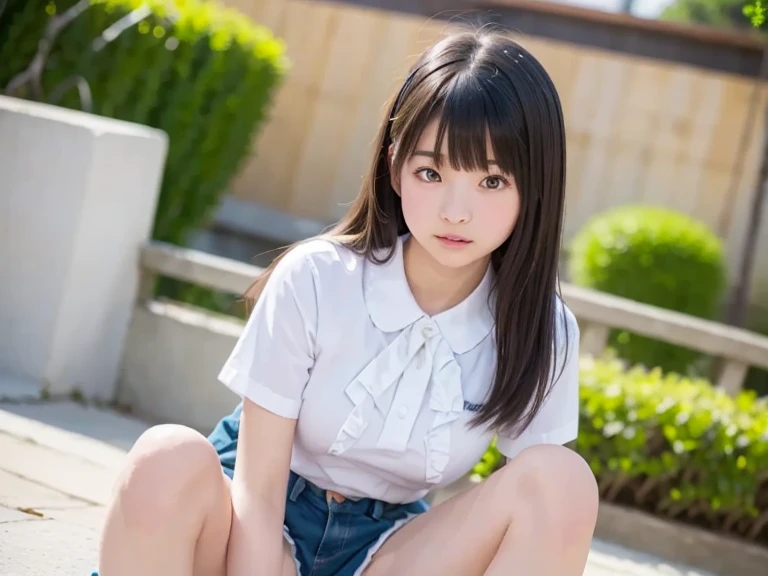 (masterpiece, Highest quality:1.4), Award-winning portraits, 8K, 85mm, alone, Beautiful Face, Delicate girl, (On the grass), Sophisticated, cute, , RAW Photos, Confused, High resolution, Sharp focus, Background Blur、(((flat 、thin and delicate body、Childish atmosphere)))、Glossy short bob、Mole on the left cheek、 Dark blue eyes、the skirt is swaying in the wind、Hair swaying in the wind、sexy、flexible legs、naked、Angle shot from the ground