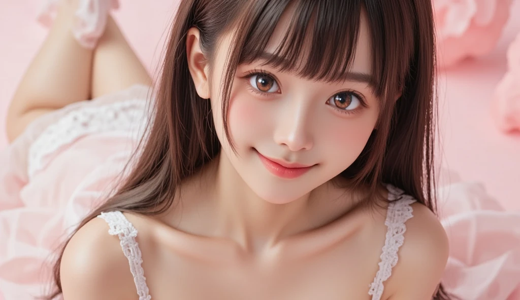 masterpiece, Highest quality, 8k, Blushed, (Upper Body:1.4), White camisole, beautiful girl, Cute Face, Looking at the audience, smile, High resolution, photo shoot, High resolution, chromatic aberration, Sharp focus, High resolution, Face Light, Dynamic Lighting, Cinema Lighting, Professional Shadow, Most detailed, Very detailed, Very detailedな, finely, Real Skin, Delicate features, Detailed face and eyes, Sharp pupils, Small breasts、23 years old、Hotel、twintails、sheer、cardigan、forehead、Sit on the bed、High angle、From above