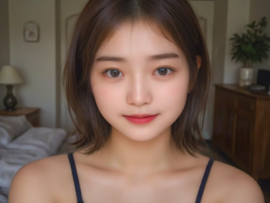 incredibly absurd, beautiful and cute 20-year-old Korean girl with a photorealistic face, showcasing top-quality craftsmanship. Her slender frame adorned with short, messy hair. The artwork high-resolution, allowing for ultra-detailed features to be captured flawlessly. The focus lies on the realistic pupils, showcasing depth and emotion. ((breasts out)) cute smile.
