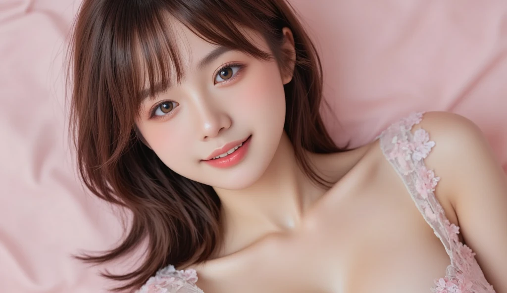 masutepiece, Best Quality, 
Ultra-detailed, finely detail, hight resolution, in 8K,
((Photorealsitic:1.4, Raw photography, 超hight resolution,Top image quality: 1.4)),
Wallpaper, 
((Composition that includes the perfect whole body)), 
Beautiful detailed eyes, Natural Color Lip,
((a serene smile:1.5)),
((Random and cute hairstyles)), 
((Random and cute poses)),
((Colossal tits、cleavage of the breast:1.2)),
((fullnude:1.7)),
((Thin abs with thin lines:1.5)),
((Bring your chest together with your arms:0.9)),
((from the front side)),
((Random blurry background)),
((Lie down on the bed and see your whole body:1.8)),, 
((Lean forward with your chest between your arms))
very detailed and professional lighting、
((Random and cute facial expressions:1.5))、
((thigh visible、White panties are visible:1.5))