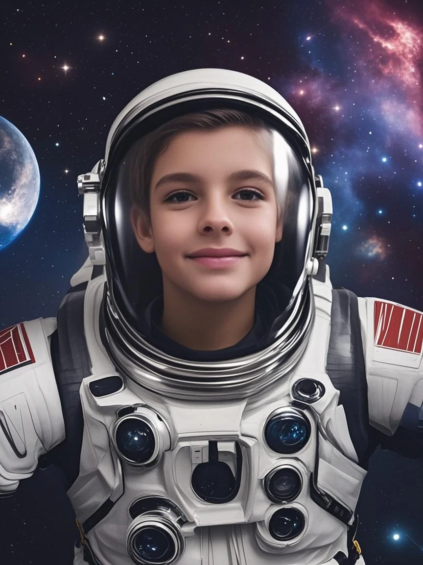 ((A wide and deep starry sky)), ((Spacesuit Boy)), ((ssmile)), (look up to), (floating), (high resolution), (blue eyes), (black hair:1.2), (stars+nebula+planet:1.3), (spacecraft:0.7), (Aurora).