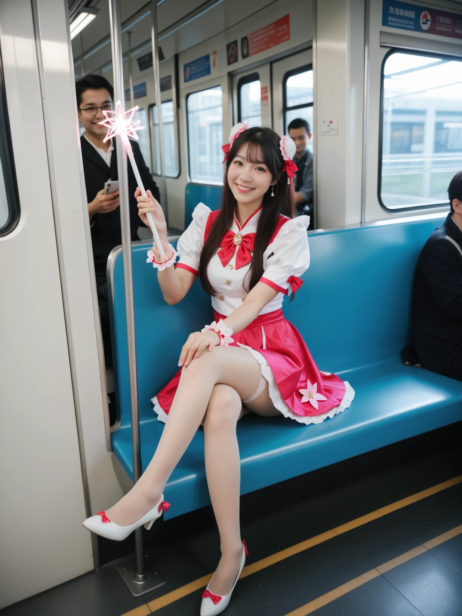 Realistic photo. Cosplay of a slightly smiling, sensuous, magical Japanese girl holding a magic stick, showcasing thighs, delicate shoes, sitting inside a subway train with people.