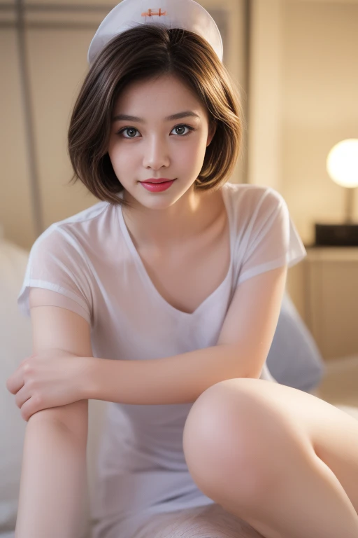 nsfw,(masterpiece, realistic, photo-realistic:1.2), finely detail, ultra high res, perfect anatomy, best quality, 8k, soft focus, (happy smile:1.3), 1 woman,Japanese, (black short hair:1.2), beautiful detailed face and big eyes, (white and smooth skin:1.3), natural lighting, film grain, (detailed background, A bedroom with a large window overlooking the city's skyscrapers),squatting,(completely nude:1.3)