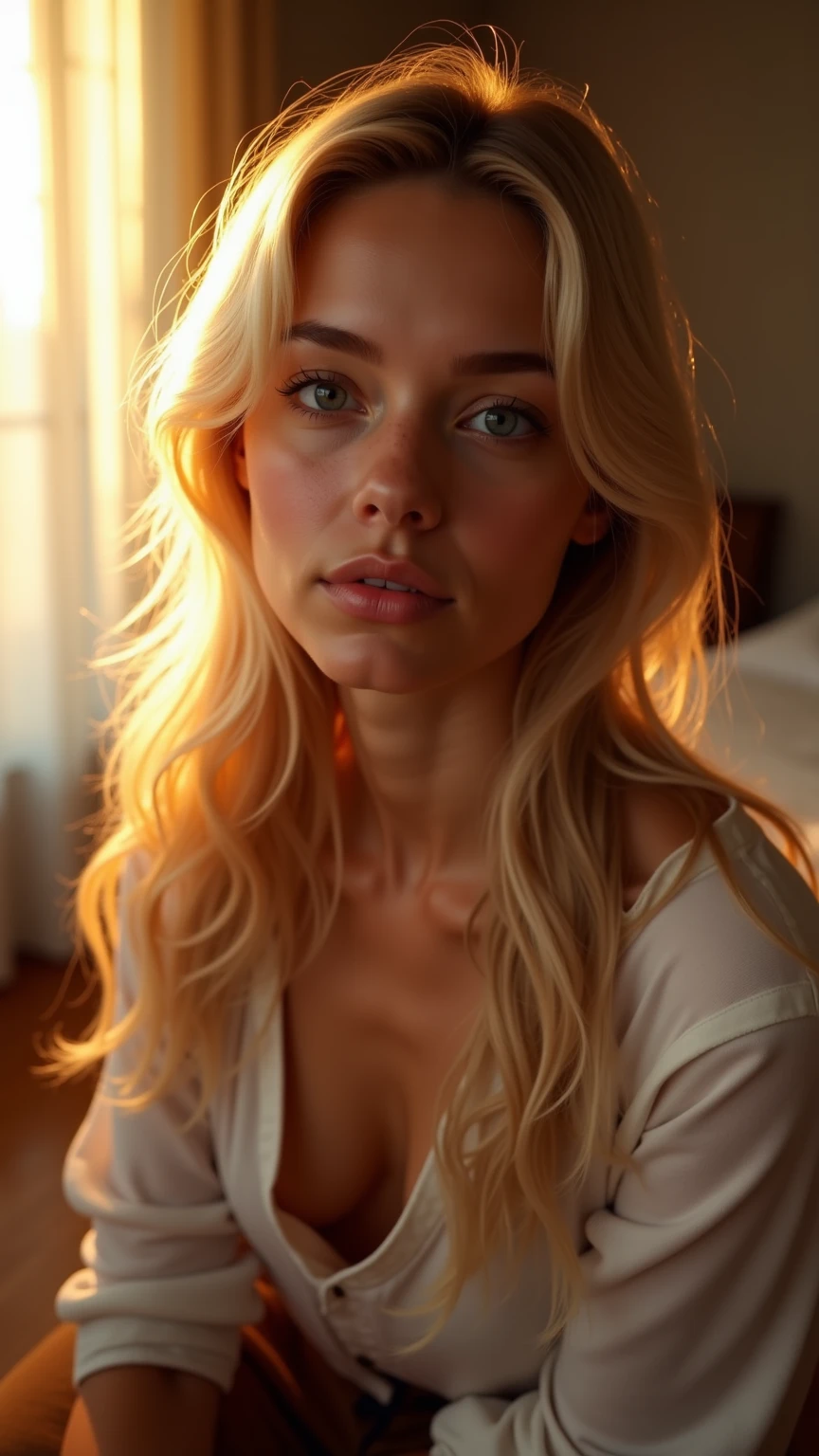 RAW photo, portrait of a beautiful blonde woman wearing a red shirt (high detailed skin:1.2), 8k uhd, dslr, soft lighting, high quality, film grain, Fujifilm XT3, ((((full naked body shot, hands, from side)))