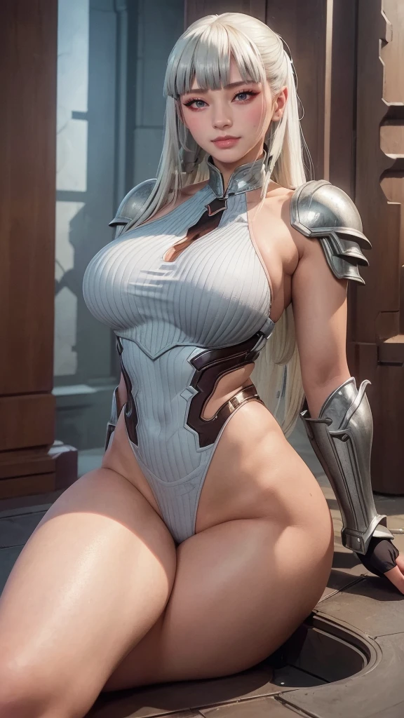 Woman knight、a beauty girl、huge tit、Excellent style、Nice Buddy、glamorous、leotard、s Armor、Shoulder rest armor、Bra chest armor、knee boots、gauntlets、hair adornments、silber hair、Longhaire、Ahoge、is standing、full body seen 、Medieval city、Walking、slightly open mouth、a smile、
