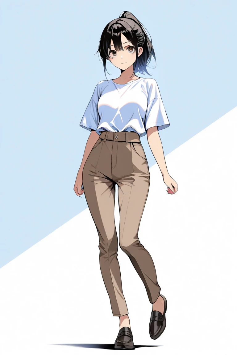1girll, 独奏, Light red solid color shirt,Soaked underwear,Exposing thighs,Wear brown slacks,Sit on grass,The chest is large,Perfect hands,Barefoot,Green short bob hair