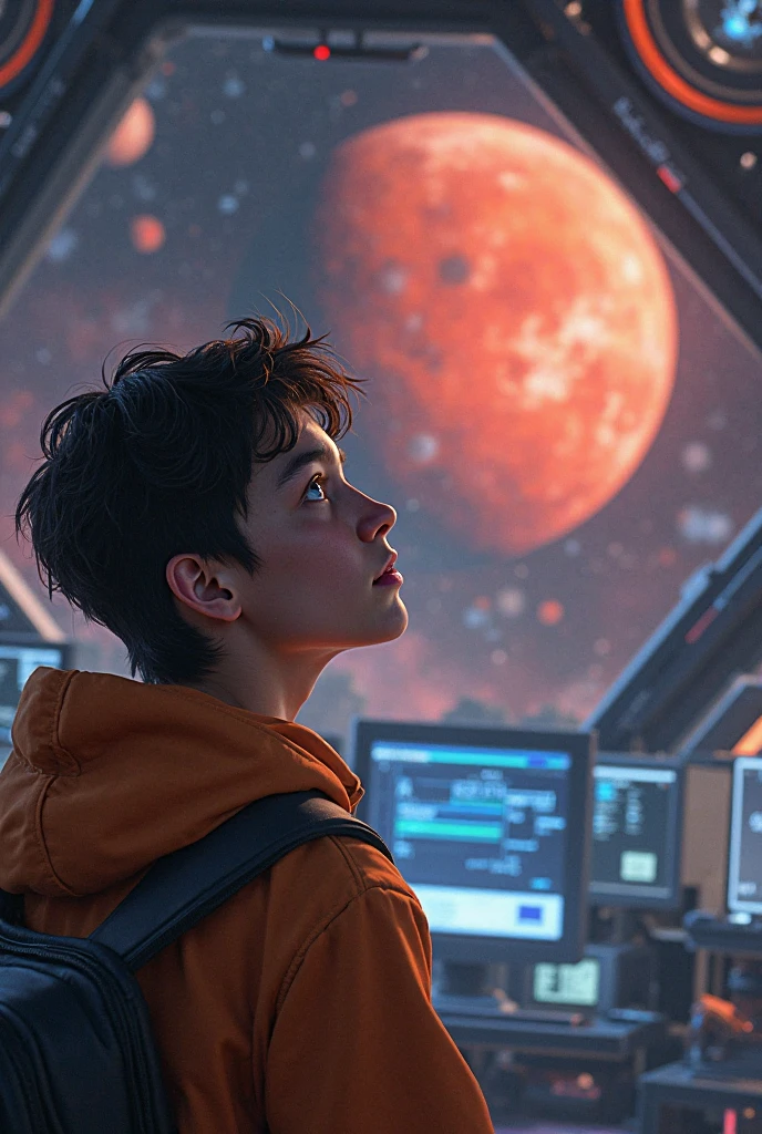 Generate a man who looks like Cal Kestis from Star Wars. He has short red hair and lots of freckles. He wears a semi-Jedi uniform complete with scavenger elements. He is sitting by the big window. Outside the window is deep space. Sci-fi theme. Realistic drawn image.