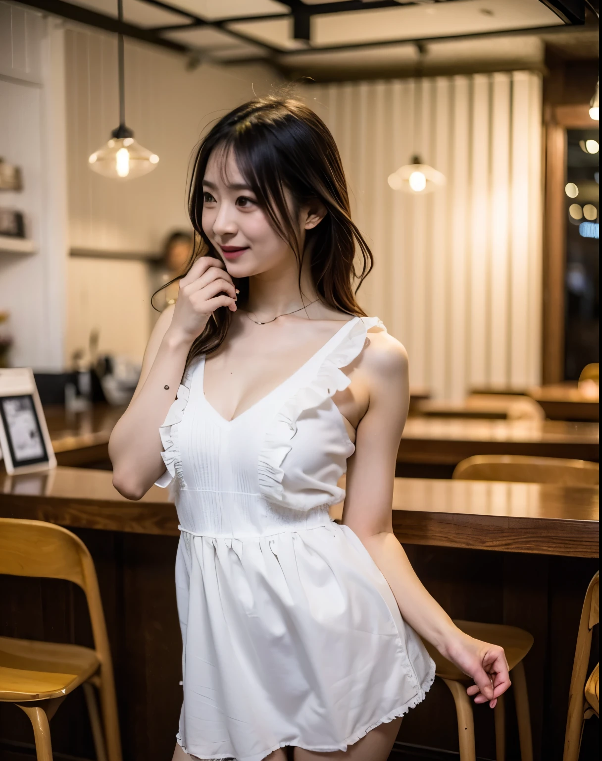 Beautiful legs, stockings, ultra details, masterpiece, Highest Quality, beautiful, details, alone, charming smile, Sexy Lips , one girl, brown eyes, silver-haired, Sexy Poses, big breasts, Low Hair Ring, open your legs, facing backwards, waitress, 美脚のwaitress, cafe