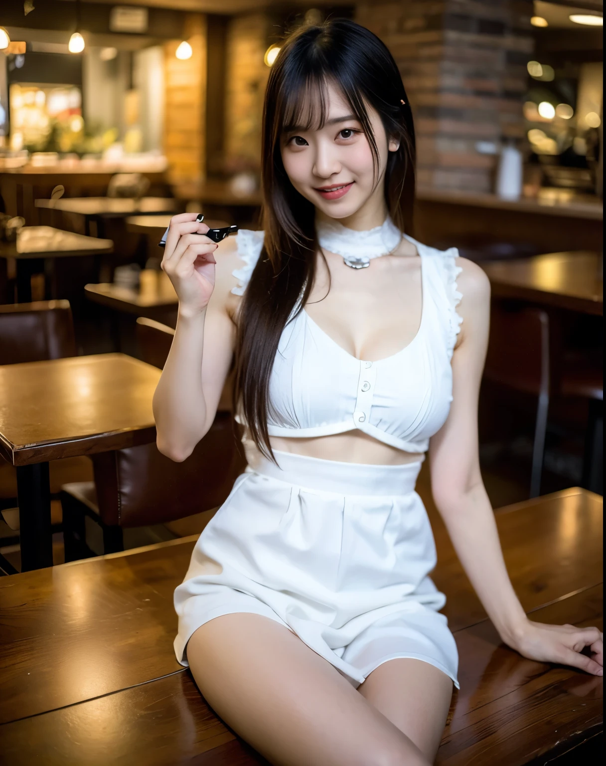Beautiful legs, stockings, ultra details, masterpiece, Highest Quality, beautiful, details, alone, charming smile, Sexy Lips , one girl, brown eyes, silver-haired, Sexy Poses, big breasts, Low Hair Ring, open your legs, facing backwards, waitress, 美脚のwaitress, cafe