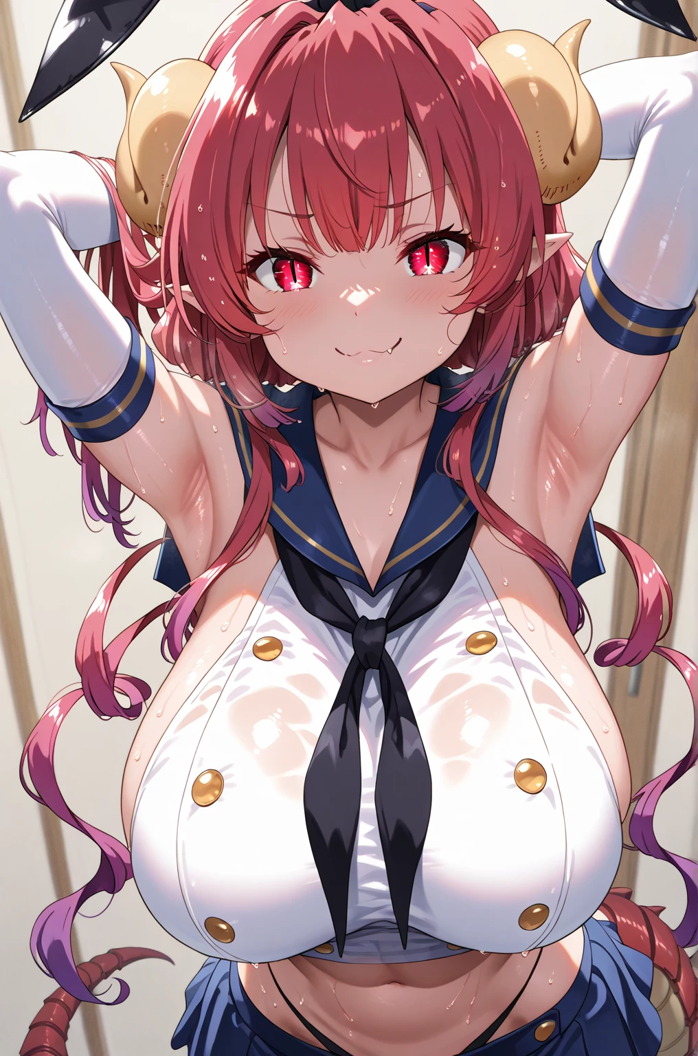 ((Table t○p, highest quality, Hi-Res Lucifer,Anime Screen Capture、Pixel perfect, 8k)))、nsfw、Perfect Anatomy、((((Surrounded by men、Multiple big penises、チンポから出るvapor、Bukkake on the nipples))))、(((low length、Small breasts、Wide Hips、Wide hips、Thick thighs、Kneel、Both armpits、Hands behind head)))、(((Short Hair、Wavy Hair)))、(((White Ao Dai、blue striped panties)))、Sweat, vapor,(Orange Eyes)、((Pink Hair))、 ((((:o、blush))))、(In town)