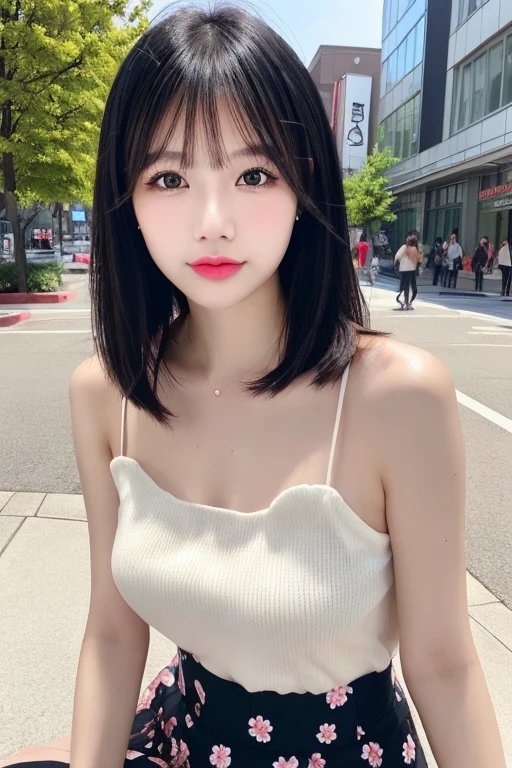 Street background Black Hair semi-long Bob urban look Beautiful woman Shapely, slender breasts White clothes