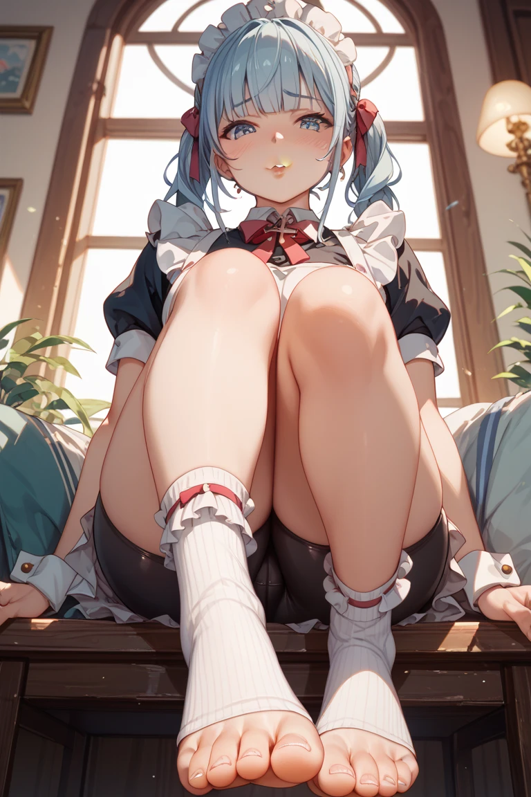 <lora:meinamix_ayaka_v2:0.7>, kamisato, bare legs, bare shoulders, barefoot, blush, couch, feet, foot focus, foreshortening, jacket, long sleeves, looking at viewer, navel, sitting, soles, toenails, toes
