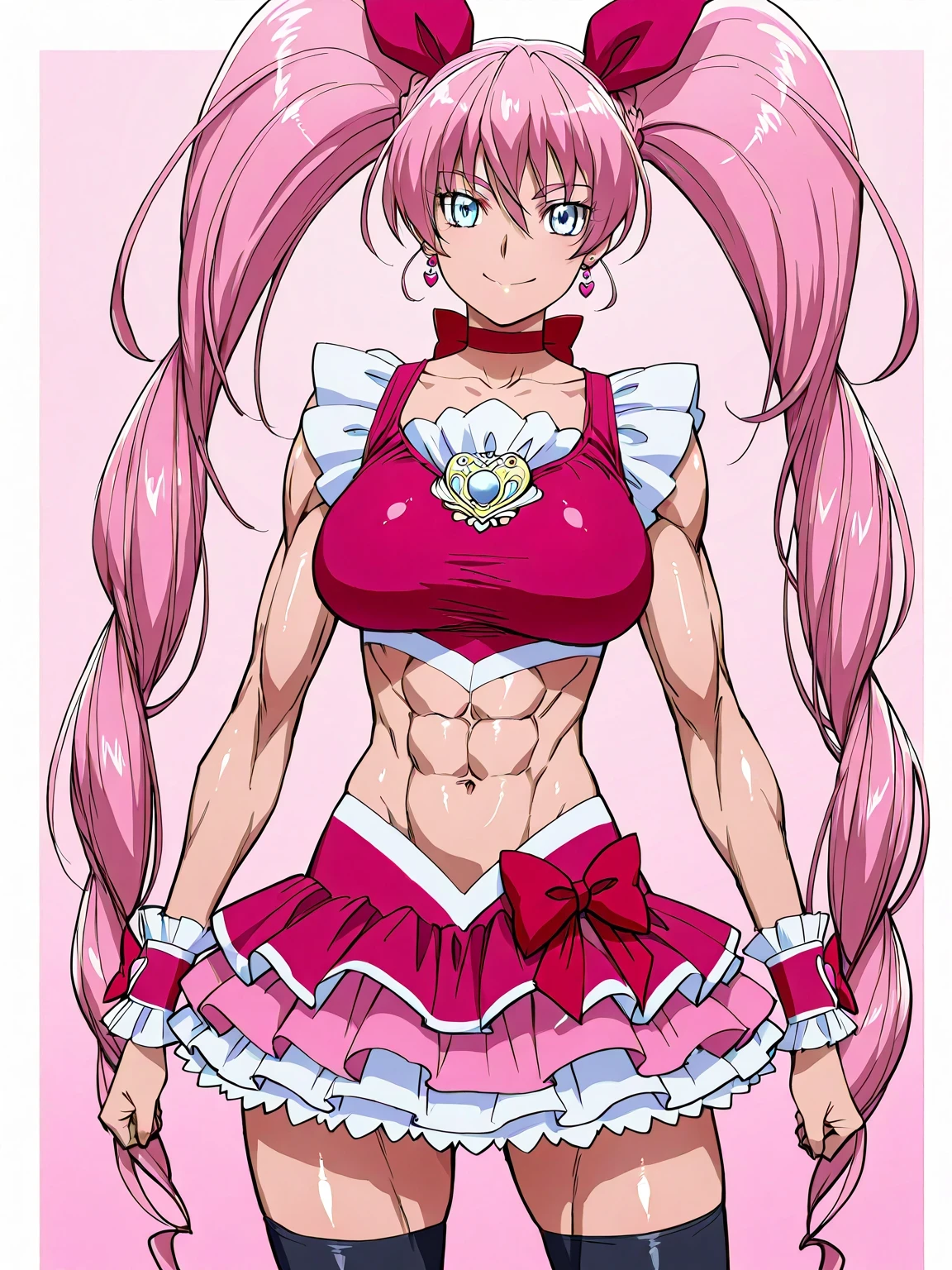 score 9 、score 8 up、score 7 up、source anime、masterpiece、Highest Quality、high resolution、anime coloring、1girl、cure melody、woman in crop top shirt、pink hair、high twintail hair、very long hair、blue eyes、eyebrows visible through the hair、bungs、eyelash、shiny hair、Close up of an anime image of a man wearing a head bow、 heart earrings 、hair ornament、 Zodiac Girl Knight 、Sparkling Magical Girl、ROYAL ELEGANT POSE、magenta and red crop topドレスを着たアニメの女性、anime woman in belly button costume、wrist cuffs、jewelry、red neckwear、red choker、heart brooch、black legwear、black thigh high socks、red footwear、knee socks、red high heels、magenta and red shirt、magenta and red crop top、frilled shirt、frilled crop top、frilled sleeves、Strong muscles、magenta and red miniskirt、frilled skirt、layered skirt、white mini skirt under the magenta and red mini skirt、red skirt bow、Muscular and strong、SEXY ANIME STYLE、perfect costume、beautiful charming anime women、beefcake standing、Magical Aura Around Her、toned body in a dark hospital、feminine and muscular、seductive anime male、 slender body、Portrait of a Zodiac Girl Knight、woman's focus、looking at viewer、solo focus、cowboy shot、Bare Thighs、brave beautiful、brave sexy、Bare Arms、collarbone、navel、abs、midriff、big breasts、very large breasts、stomach、Covered trapezius、biceps、biceps long head、biceps short head、triceps、triceps medial head、triceps lateral head、triceps long head、brachioradialis 、deltoids、anterior deltoids、middle deltoids、posterior deltoid、thigh muscles、semitendinosus muscles、covered hamstrings、covered adductor magnus muscles、brave smile、sexy smile、muscular woman、cure melody outfit、beefcake style、 pink background、