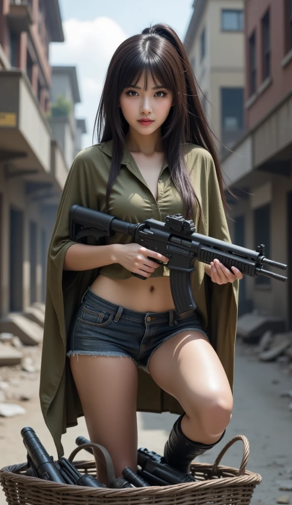 Realistic full body portrait, ruins, biohazard, video game heroine, stunningly beautiful white woman in her 20s holding a rifle, clear white skin, and mud, scratches everywhere, mud stained blonde hair and face, biohazard, torn and tattered clothes, white skin, thighs, smooth skin , frightened and desperate expressions, isometric details, amazingly realistic photos, 8K high quality medium dark lighting, high detail, detail eye, detail face
